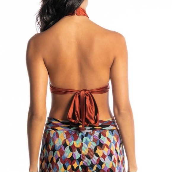 Upscale Shiny Satin Copper Tie Front Apron Halter Top - Picture 3 of 14